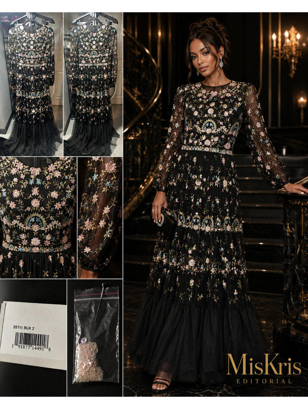 Mac Duggal 35111 Black Embroidered Floral Mesh Maxi Gown Size 2 NWT